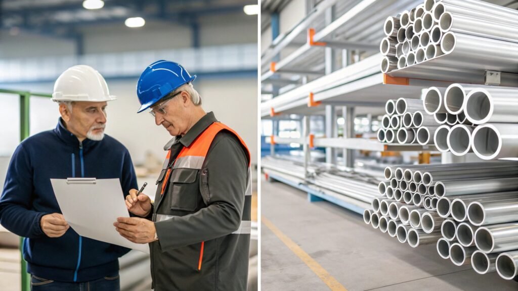 A quality engineer from SWA Forging reviewing a technical blueprint with a client.